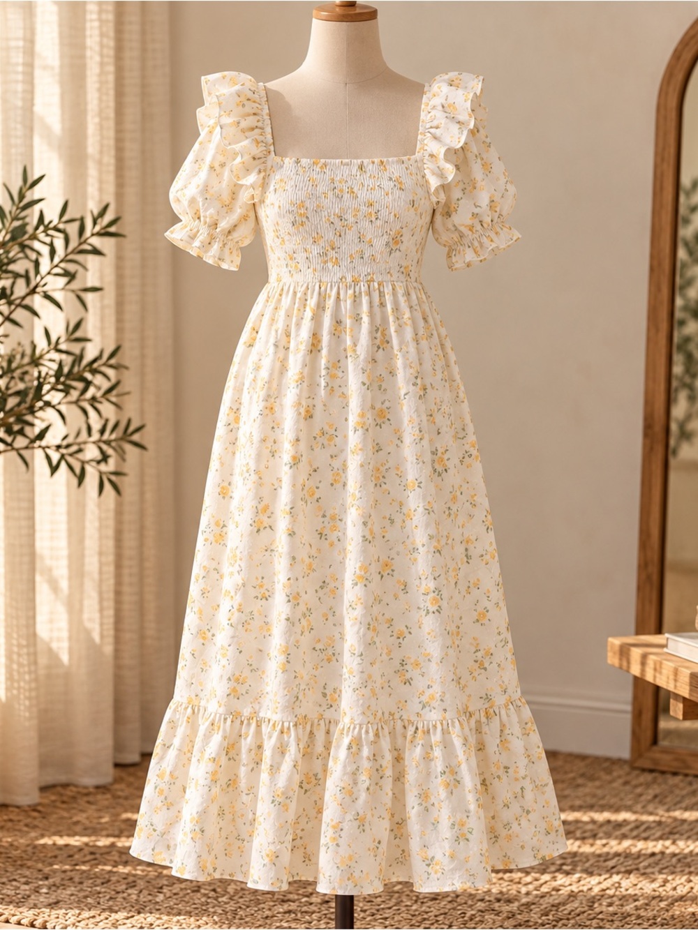 Smocked Square-Neck Midi Dress in Yellow Floral